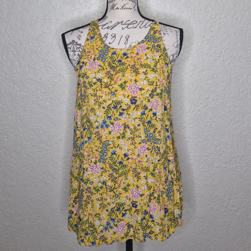Old Navy Womens Yellow Floral Sleeveless Keyhole Back Swing Blouse Top Large